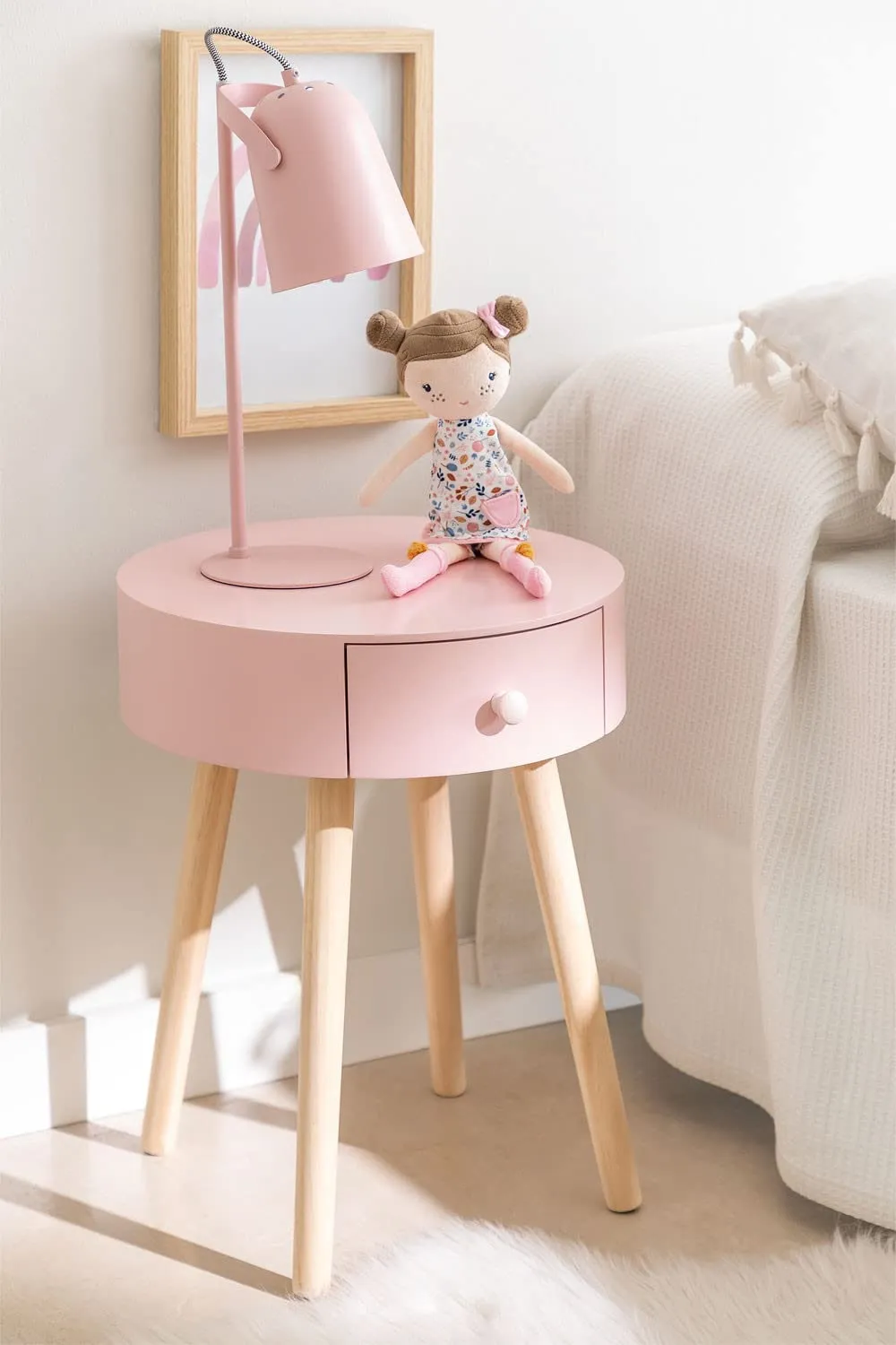 WoodenZone Side Table, Round End Table with Storage, Modern Mid Century Coffee Table,home décor furniture Small Round Side Table for Living Room Bedroom-pink